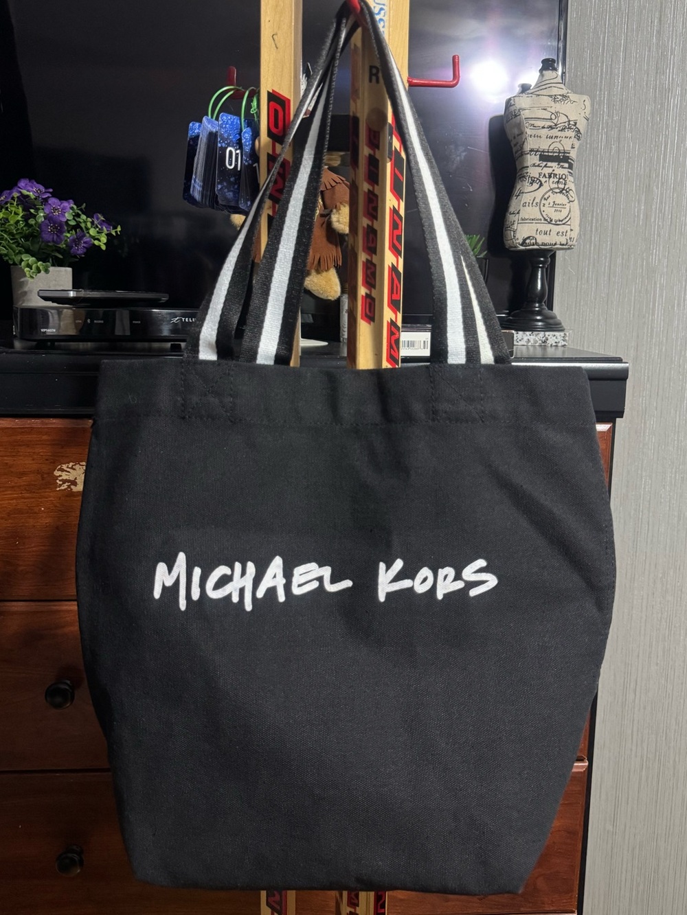 Michael Kors Black Canvas Tote Bag with Striped Webbing Straps